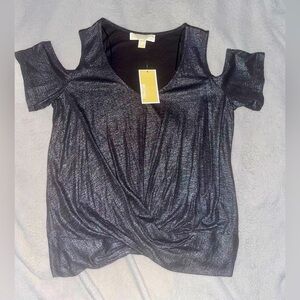 NWT! Michael Kors metallic black/silver top. V-Neck Cold Shoulder Textured Top